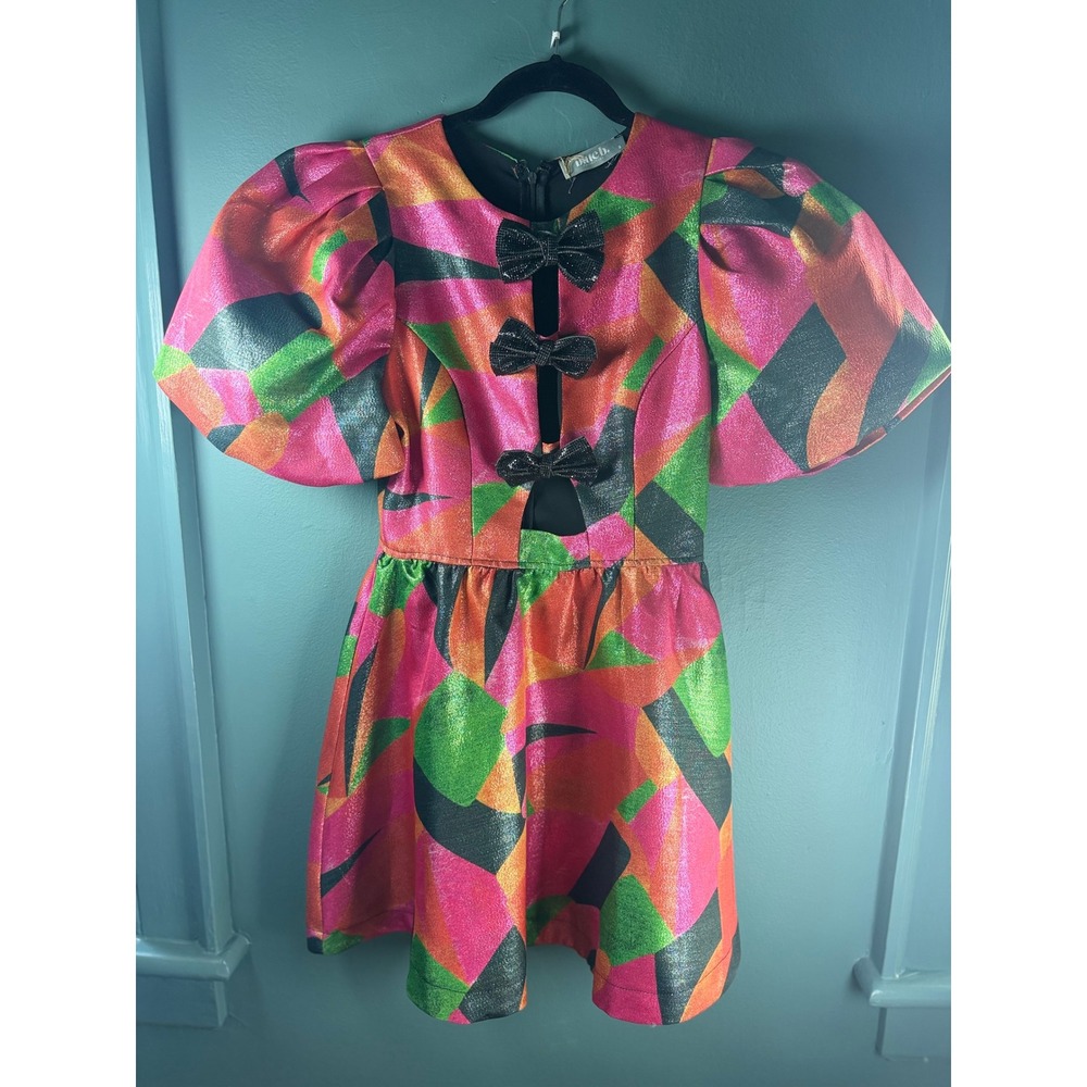Blue B Collection Metallic Geometric Bow Cutout Puff Sleeve Mini Dress Small